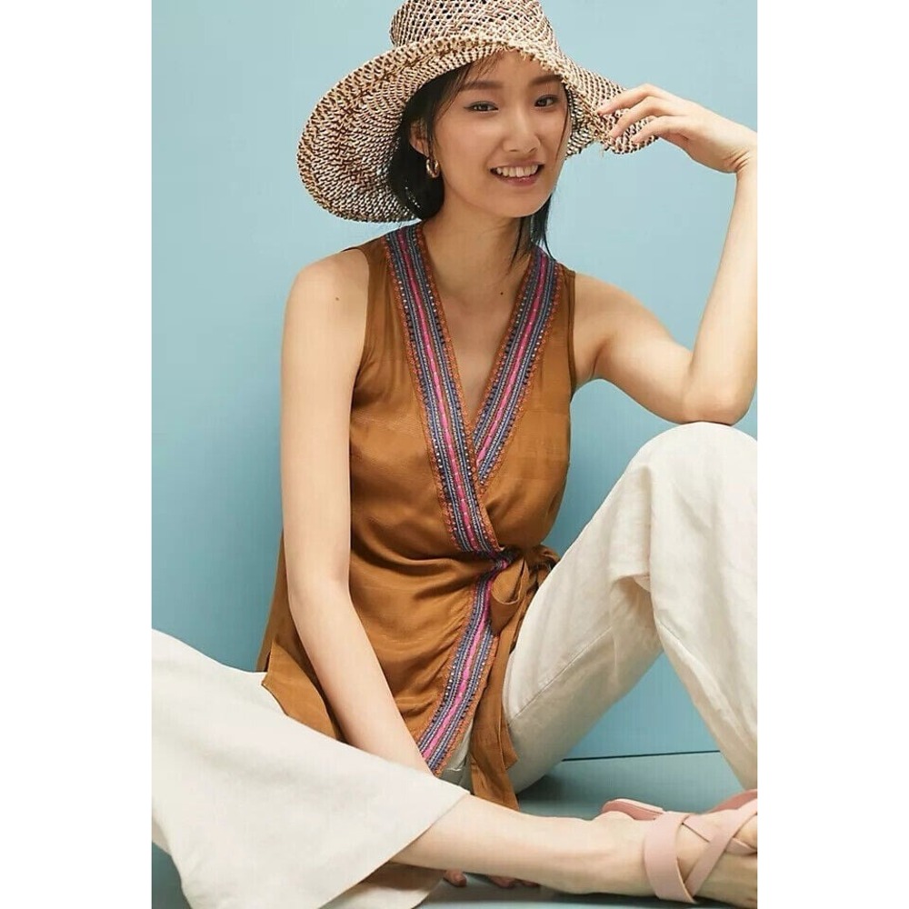 MAEVE by Anthropologie Liviana Wrap Tunic bohemian embroidered V-neck - Picture 2 of 8